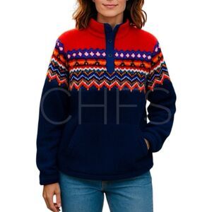LANDS END Vintage Fleece 1/4 Snap Fair Isle Pattern Navy Red 80s Ladies Large